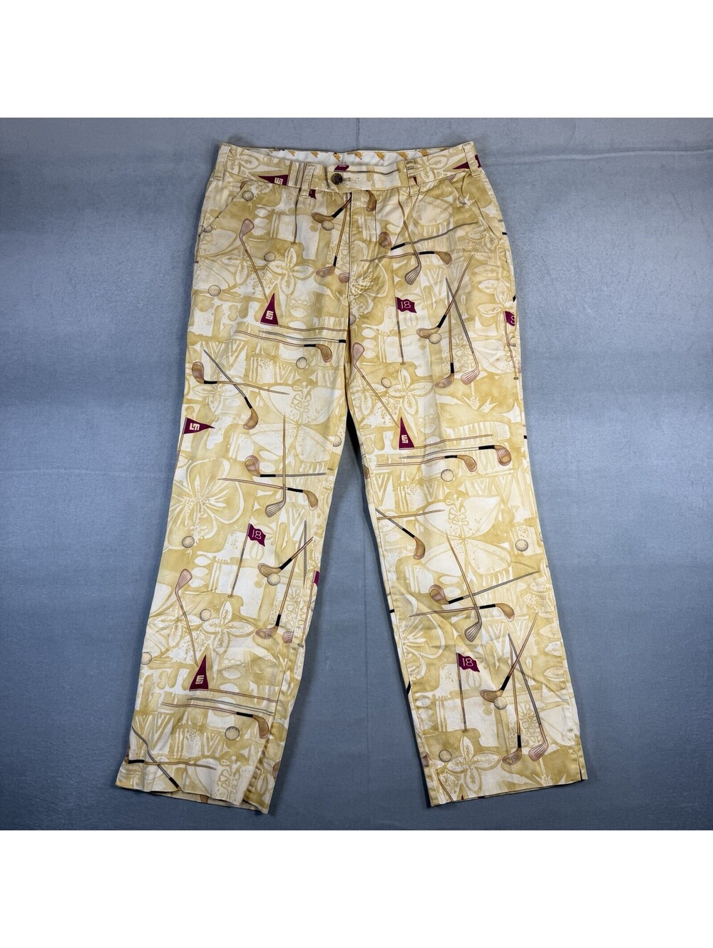 Loudmouth Golf Pants Mens 34x30 Tan Hawaiian Floral Golf Club All Over Print